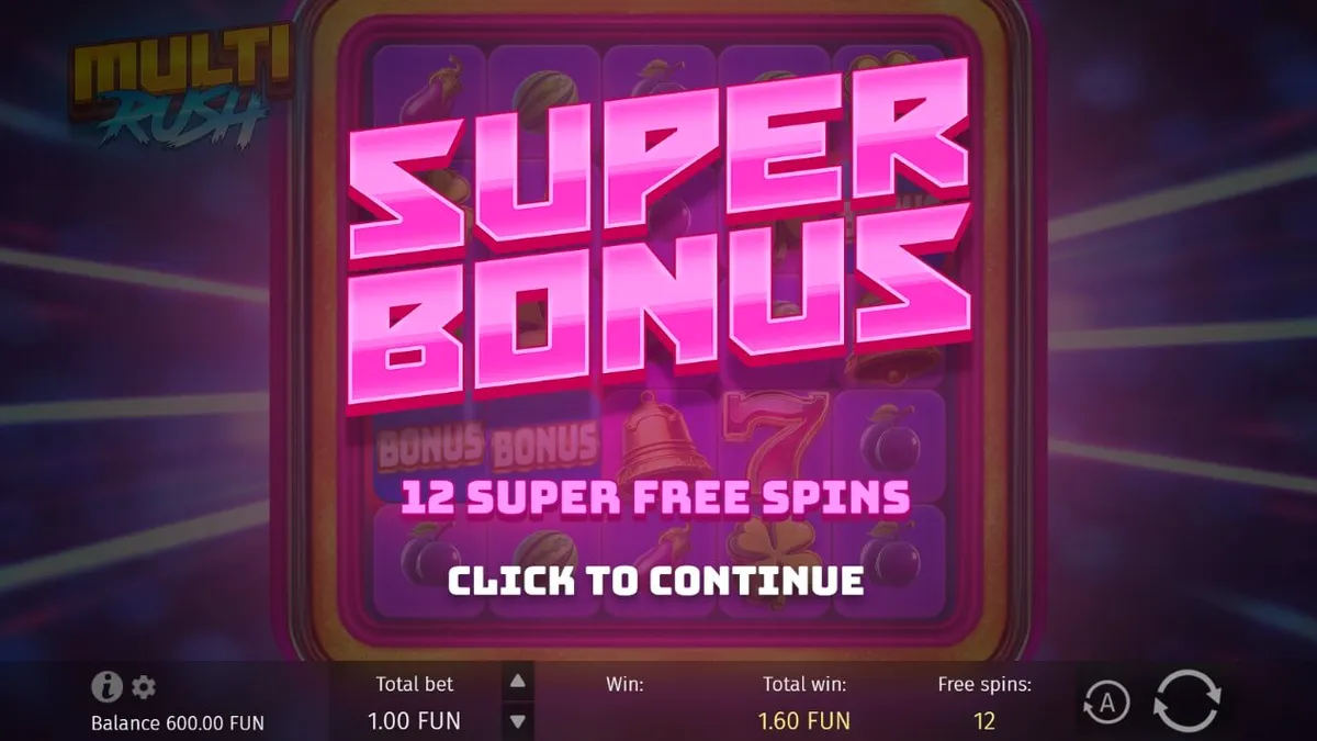Tampilan visual neon dari slot Multi Rush dengan simbol buah klasik